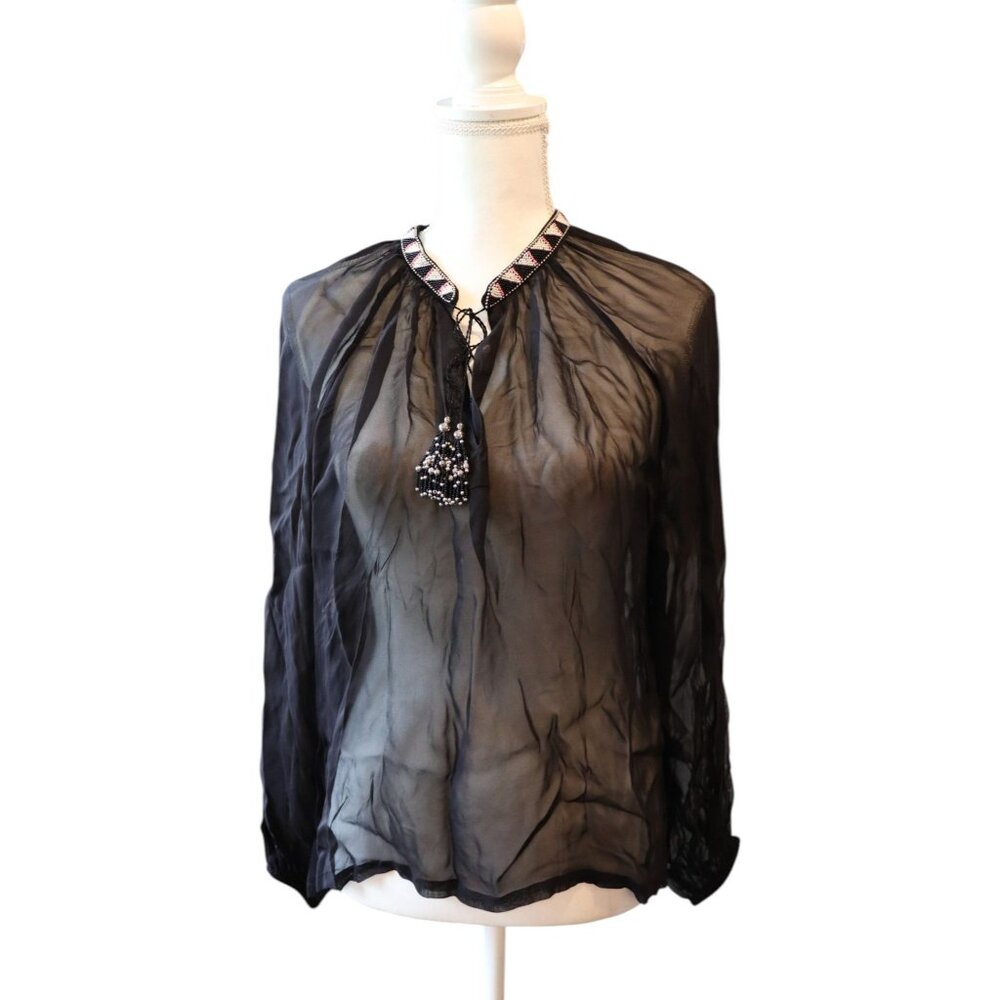 Amen Sheer Black Beaded Collar Long-Sleeve Sheer Blouse, Size 40 NWT
